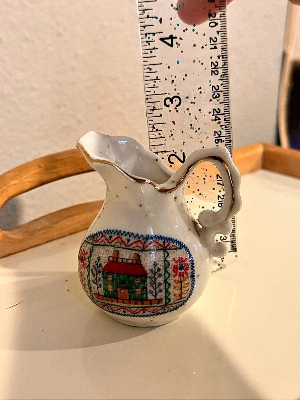 Vintage Enesco Japan Cross Stitch Sampler Ceramic Mini Pitcher Creamer, 1970s Co